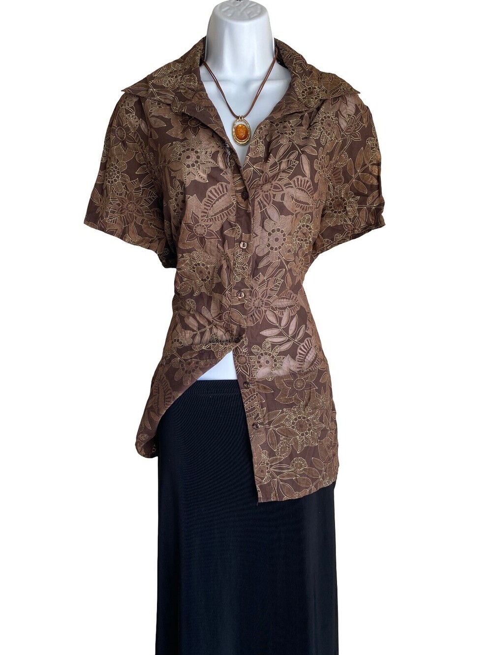 VTG Apostrophe Women's Plus 16W Boho Floral Button Up Tunic Blouse Brown